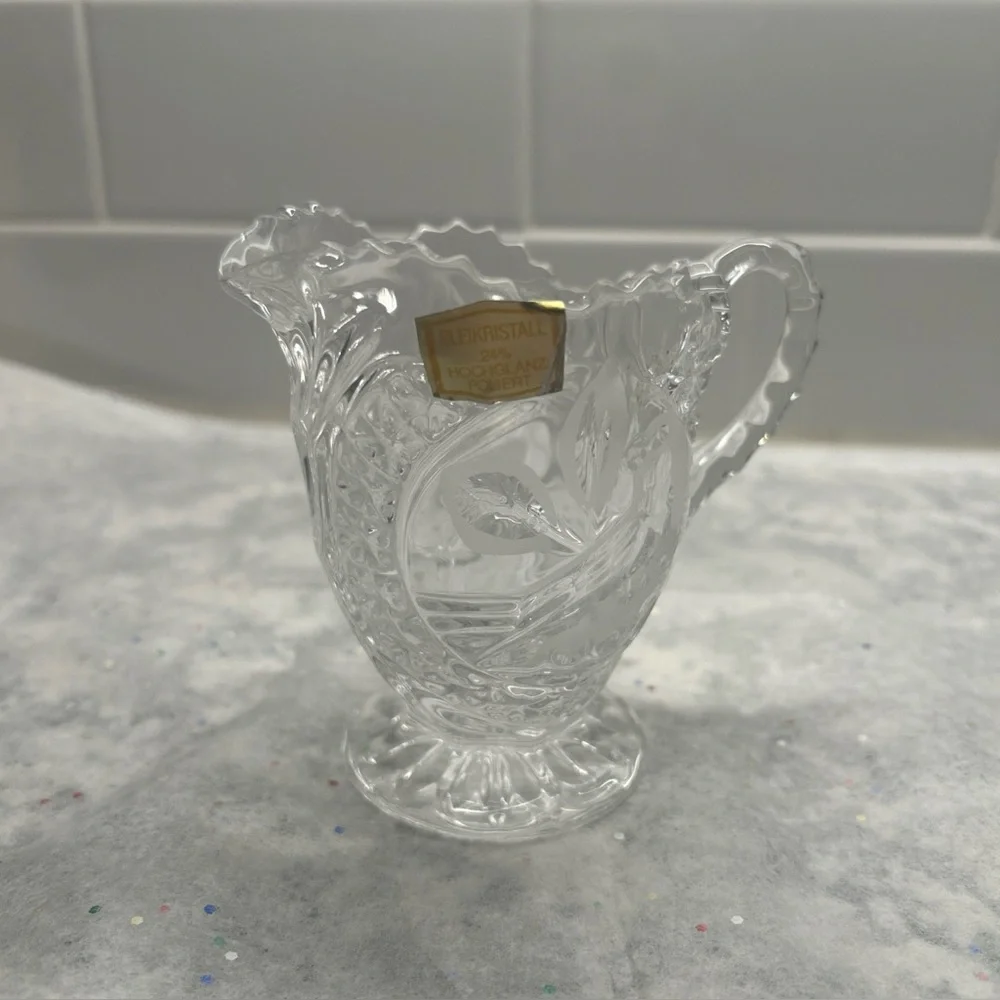 Rare Vintage Crystal Vanity Tea Set with Red Rose and Bird Accent.
